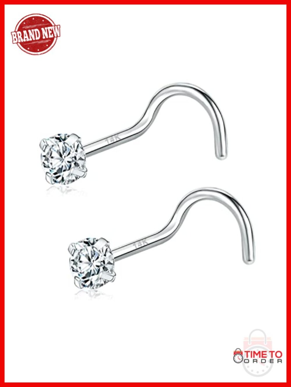 14K White Gold Nose Ring Studs 20g CZ Simulated Diamond Piercing Jewelry